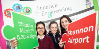 Cara Gupta, Alannah Keyes and Roisin Coakley from Laurel Hill Colaiste, Co. Limerick at the Limerick Institute of Technology for the 2019 Limerick for Engineering Showcase. Photo: Sean Curtin True Media