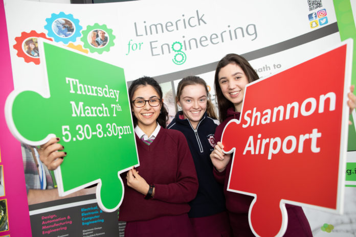 Cara Gupta, Alannah Keyes and Roisin Coakley from Laurel Hill Colaiste, Co. Limerick at the Limerick Institute of Technology for the 2019 Limerick for Engineering Showcase. Photo: Sean Curtin True Media