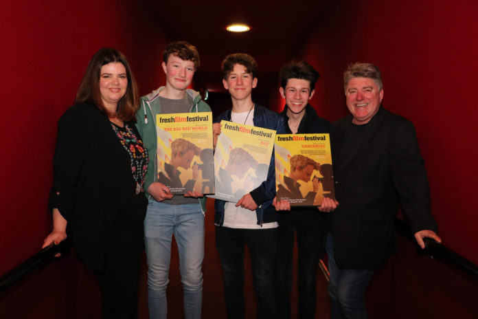Jane Foley, founder of Fresh Film Festival, second place finalist Cal Arnold O’Driscoll, 16 from Dublin 7, first place winner Sean Treacy, 14 from Wicklow and third place finalist Milosh Hughes, 18 from Malahide, Dublin and comedian Pat Shortt at the Senior Finals of Ireland's Young Filmmaker of the Year Awards 2019 in the Odeon, Castletroy on March 28th. Picture: Zoe Conway/ilovelimerick