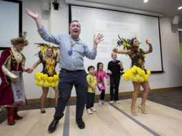 Paediatric Consultant John Twomey joins in a Samba dancing lesson given by Brazilian clinical student Nina Smalle at the multicultural day in UHL. Photo: Alan Place