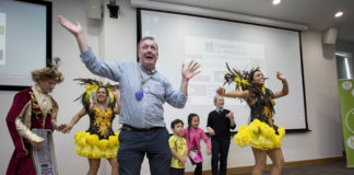 Paediatric Consultant John Twomey joins in a Samba dancing lesson given by Brazilian clinical student Nina Smalle at the multicultural day in UHL. Photo: Alan Place