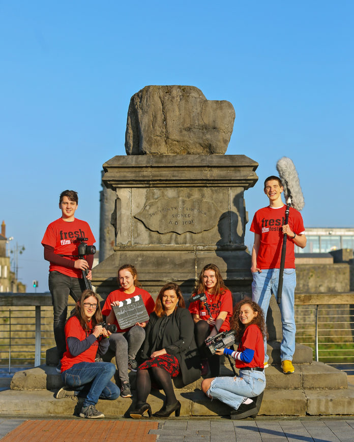 Jayne Foley, Founder and Creative Director of Fresh Film Festival and Ireland's Young Filmmaker of the Year Awards (front centre) pictured in Limerick with Luke from Limerick, Oisin from Clare, Chloe from Cork, Rebecca from Tipperary, Meghan from Co.Limerick and Jonathan from Kerry - young filmmakers who are taking part in Fresh Festival Festival and Ireland's Young Filmmaker of the Year Awards 2019 running from March 25 – 30, with the finals for the Juniors on Wednesday, March 27 and the finals for the Seniors on Thursday, March 28 in the Odeon, Castletroy Shopping Centre, Limerick. See freshfilmfestival.net. Picture: Dermot Culhane.