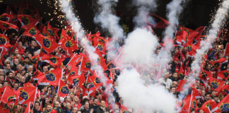 Munster supporters cheer on their side during the European Rugby Champions Cup Semi-Final match between Munster and Saracens at the Aviva Stadium in Dublin. Photo by Brendan Moran/Sportsfile