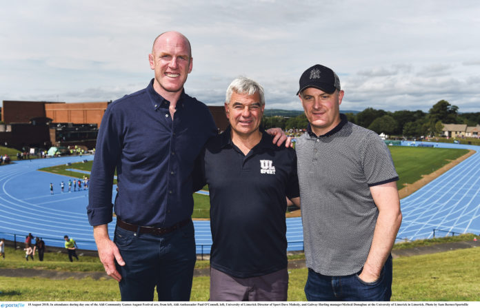 Dave Mahedy flanked by former Lions Rugby captain Paul O'Connell and Galway Hurling manager Michel Donoghue at the University of Limerick. Photo: Sam Barnes/Sportsfile