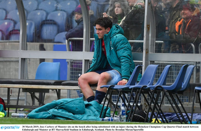 Edinburgh v Munster - Heineken Champions Cup Quarter-Final Joey Carbery of Munster sits on the bench after being substituted with an injury during the Heineken Champions Cup Quarter-Final match between Edinburgh and Munster at BT Murrayfield Stadium in Edinburgh, Scotland. Photo by Brendan Moran/Sportsfile
