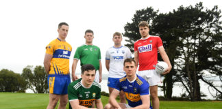 Footballers, from left, Eoin Cleary of Clare, Iain Corbett of Limerick, Paul Murphy of Kerry, Conor Sweeney of Tipperary, Ian Maguire of Cork and Brian Looby of Waterford at the Munster Senior Hurling and Senior Football Championships 2019 Launch, at the Gold Coast Resort Hotel in Dungarvan, Co Waterford. Photo by Harry Murphy/Sportsfile