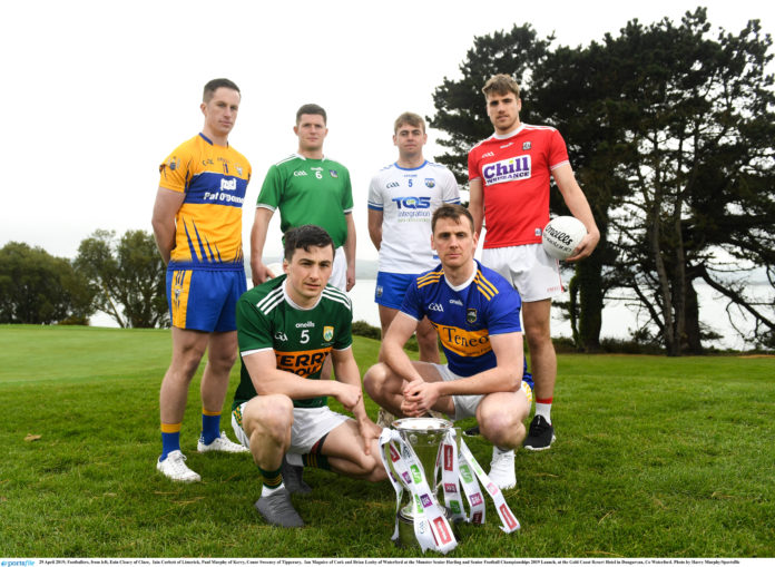 Munster Senior Hurling and Senior Football Championships 2019 Launch Footballers, from left, Eoin Cleary of Clare, Iain Corbett of Limerick, Paul Murphy of Kerry, Conor Sweeney of Tipperary, Ian Maguire of Cork and Brian Looby of Waterford at the Munster Senior Hurling and Senior Football Championships 2019 Launch, at the Gold Coast Resort Hotel in Dungarvan, Co Waterford. Photo by Harry Murphy/Sportsfile