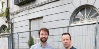 Cllr Joe Leddin (right) with his cousin and Green Party local election candidate Brian Leddin at the former Leddin family home in Catherine Street. Photo: Brendan Gleeson limerick post newspaper