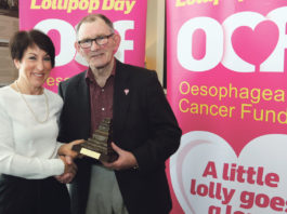 Oesophageal Cancer Fund (OCF) Chief Executive Noelle Ryan making a presentation to Limerick Co-ordinator Noel Walsh in appreciation for his work on behalf of the OCF. Photo: Brendan Gleeson