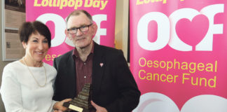 Oesophageal Cancer Fund (OCF) Chief Executive Noelle Ryan making a presentation to Limerick Co-ordinator Noel Walsh in appreciation for his work on behalf of the OCF. Photo: Brendan Gleeson