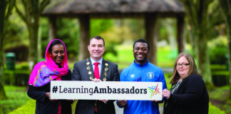 Najwan Elmagboul, Mayor James Collins, Chinazo Nnaya and Eimear O'Connor at the launch of the Limerick Lifelong Learning Festival. Photo: Alan Place limerick post newspaper