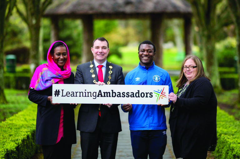 Najwan Elmagboul, Mayor James Collins, Chinazo Nnaya and Eimear O'Connor at the launch of the Limerick Lifelong Learning Festival. Photo: Alan Place limerick post newspaper