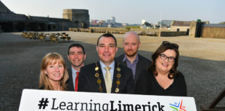 In attendance at King John's Castle for the international seminar hosted by Learning Limerick are, from left, Michelle Murphy, Derry-Strabane Learning City, Denis Barrett, Cork Learning City, Cllr James Collins, Mayor of Limerick City and County, Paul Curran, Dublin Learning City, and Eimear Brophy, Chair of Learning Limerick. Picture by Diarmuid Greene