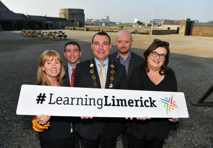 In attendance at King John's Castle for the international seminar hosted by Learning Limerick are, from left, Michelle Murphy, Derry-Strabane Learning City, Denis Barrett, Cork Learning City, Cllr James Collins, Mayor of Limerick City and County, Paul Curran, Dublin Learning City, and Eimear Brophy, Chair of Learning Limerick. Picture by Diarmuid Greene