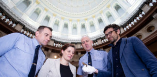 Sergeant Andrew Lacey, Lynn Scarff, Director, National Museum of Ireland, Sergeant Gary Thompson and Matthew Seaver, Assistant Keeper, Irish Antiquities Division, National Museum of Ireland. JULIEN BEHAL PHOTOGRAPHY. NO FEE.