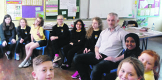 Joe Power of the Limerick Restorative Practice Project with pupils at Scoil Mháthair D on the South Circular Road.