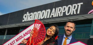 Pictured celebrating the new routes are Senorita Nina Smalle at a sunny Shannon Airport Co Clare today with Andrew Murphy, Managing Director Shannon Airport.pic Arthur Ellis.