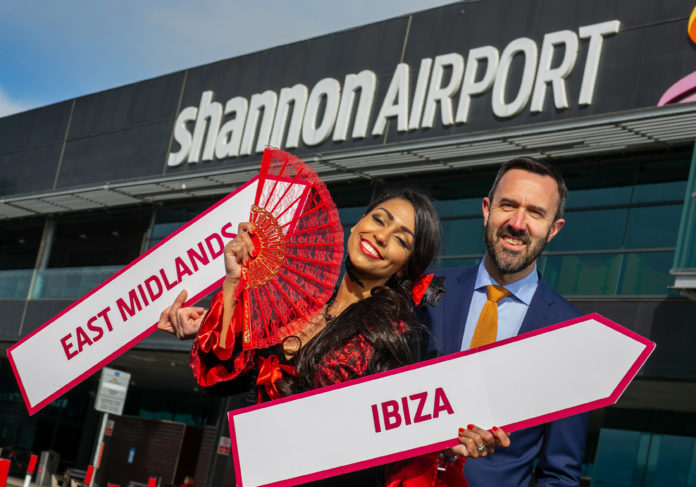 Pictured celebrating the new routes are Senorita Nina Smalle at a sunny Shannon Airport Co Clare today with Andrew Murphy, Managing Director Shannon Airport.pic Arthur Ellis.