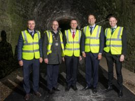 Niall Collins T.D., Deputy Mayor of the City and County of Limerick, Cllr. Michael Collins, Minister Patrick O’Donovan, An Taoiseach, Leo Varadkar, Tom Neville T.D., at the sod turning of Barnagh Tunnel, Great Southern Greenway Limerick project.