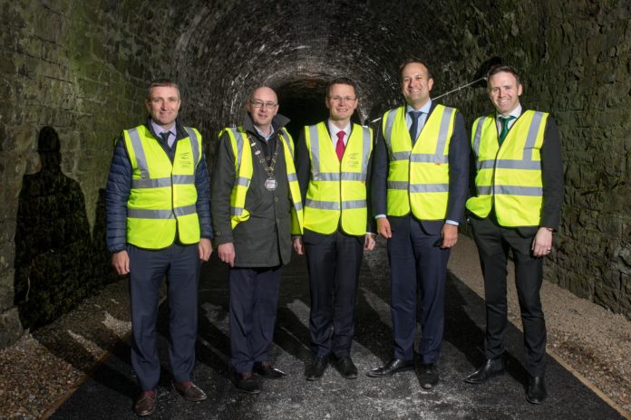 Niall Collins T.D., Deputy Mayor of the City and County of Limerick, Cllr. Michael Collins, Minister Patrick O’Donovan, An Taoiseach, Leo Varadkar, Tom Neville T.D., at the sod turning of Barnagh Tunnel, Great Southern Greenway Limerick project.