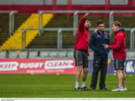 Munster backline and attack coach Felix Jones, head coach Johann van Graan, and forwards coach Jerry Flannery in conversation prior to the European Rugby Champions Cup Pool 4 Round 6 match between Munster and Castres at Thomond Park in Limerick. Photo by Diarmuid Greene/Sportsfile