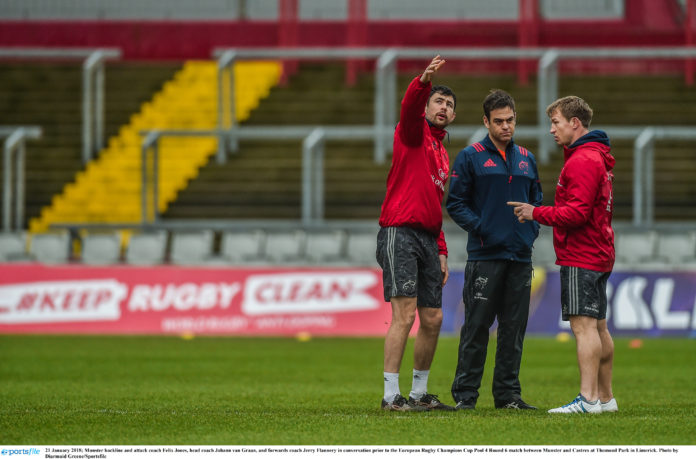 Munster backline and attack coach Felix Jones, head coach Johann van Graan, and forwards coach Jerry Flannery in conversation prior to the European Rugby Champions Cup Pool 4 Round 6 match between Munster and Castres at Thomond Park in Limerick. Photo by Diarmuid Greene/Sportsfile