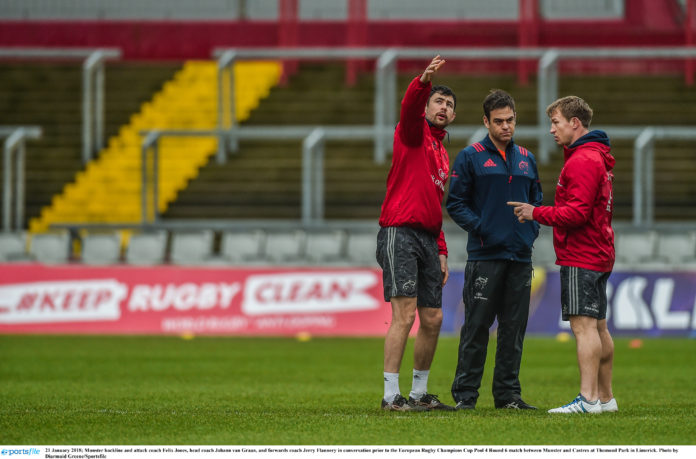 Munster v Castres - European Rugby Champions Cup Pool 4 Round 6 Munster backline and attack coach Felix Jones, head coach Johann van Graan, and forwards coach Jerry Flannery in conversation prior to the European Rugby Champions Cup Pool 4 Round 6 match between Munster and Castres at Thomond Park in Limerick. Photo by Diarmuid Greene/Sportsfile