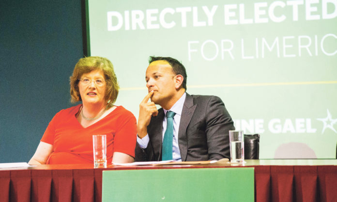 Leo Varadkar Senator Maria Byrne with Taoiseach Leo Varadkar at the public meeting on the plebicite for a directly elected Mayor of Limerick. Photo: Cian Reinhardt