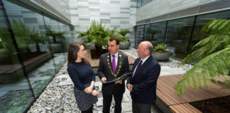 Ciara Morley, EY-DKM Economic Advisory, Mayor of the City and County of Limerick James Collins and Pat Daly, Director of Economic Development, Limerick City and County Council at the inaugural Limerick Economic Monitor at Gardens International, Limerick. Photo: Oisin McHugh True Media