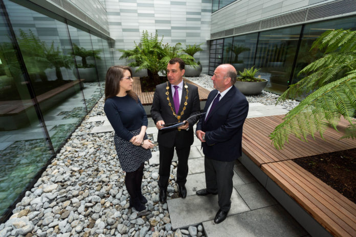 Ciara Morley, EY-DKM Economic Advisory, Mayor of the City and County of Limerick James Collins and Pat Daly, Director of Economic Development, Limerick City and County Council at the inaugural Limerick Economic Monitor at Gardens International, Limerick. Photo: Oisin McHugh True Media