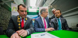 Mayor James Collins, Conn Murray, Limerick City and County Council CEO, and An Taoiseach Leo Varadkar. Photo: Cian Reinhardt