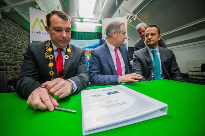 Mayor James Collins, Conn Murray, Limerick City and County Council CEO, and An Taoiseach Leo Varadkar. Photo: Cian Reinhardt