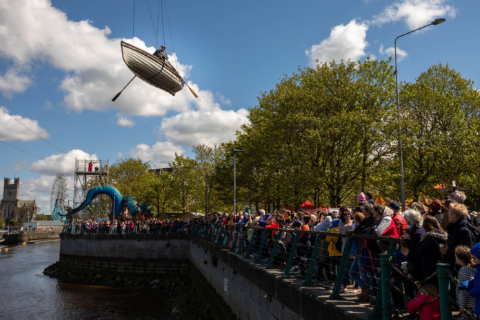 05/05/2019 REPRO FREE Jym Daly, Fidget Feet Aerial Dance performs at Riverfest Limerick. The banks of the Shannon was the epi-centre of the first major national festival of the year as thousands attended events that celebrate the city and it's prized asset, its waterway. Pic Sean Curtin True Media.