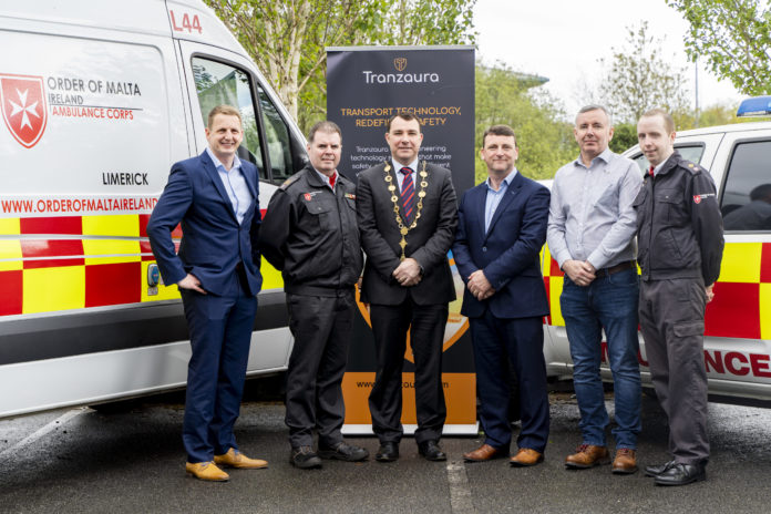 Tranzaura Pics 04 Liam Parry, Key Accounts Manager, Tranzaura, Cmdt Tony O'Mara, Regional Director Order of Malta, Cllr James Collins, Mayor of the City and County of Limerick, Shane Mann, CEO of Tranzaura, Declan Calvert, Product Development Co-Ordinator Tranzaura and Adj Bryan Crosby, OIC Limerick Order of Malta. Pic: Don Moloney
