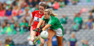 TG4 Ladies Football All-Ireland Junior Championship Final, Croke Park, Dublin 16/9/2018 Limerick vs Louth Louth's Niamh Rice with Rebecca Delee of Limerick Mandatory Credit ©INPHO/Tommy Dickson