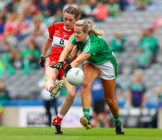 TG4 Ladies Football All-Ireland Junior Championship Final, Croke Park, Dublin 16/9/2018 Limerick vs Louth Louth's Niamh Rice with Rebecca Delee of Limerick Mandatory Credit ©INPHO/Tommy Dickson