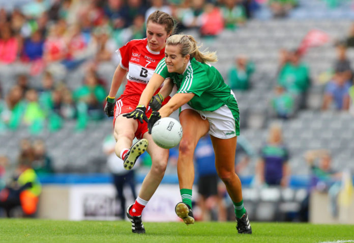 TG4 Ladies Football All-Ireland Junior Championship Final, Croke Park, Dublin 16/9/2018 Limerick vs Louth Louth's Niamh Rice with Rebecca Delee of Limerick Mandatory Credit ©INPHO/Tommy Dickson