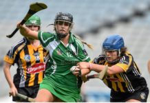 14 September 2014; Rebecca Delee, Limerick, in action against Megan Farrell, Kilkenny. Picture credit: Ramsey Cardy / SPORTSFILE