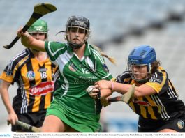 14 September 2014; Rebecca Delee, Limerick, in action against Megan Farrell, Kilkenny. Picture credit: Ramsey Cardy / SPORTSFILE