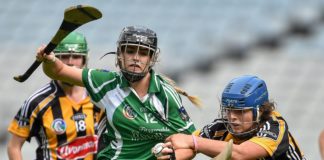 14 September 2014; Rebecca Delee, Limerick, in action against Megan Farrell, Kilkenny. Picture credit: Ramsey Cardy / SPORTSFILE