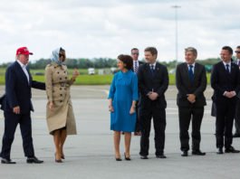 The visit of US President Donald Trump showcased the West of Ireland and Shannon Group’s airport company, Shannon Airport. Shannon Group Chairman, Rose Hynes and Minister of State Patrick O'Donovan TD (right) with US President Donald Trump and US First Lady Melania Trump before boarding Air Force One in Shannon Airport after their visit to Ireland. Photo: Oisin McHugh True Media