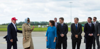 The visit of US President Donald Trump showcased the West of Ireland and Shannon Group’s airport company, Shannon Airport. Shannon Group Chairman, Rose Hynes and Minister of State Patrick O'Donovan TD (right) with US President Donald Trump and US First Lady Melania Trump before boarding Air Force One in Shannon Airport after their visit to Ireland. Photo: Oisin McHugh True Media