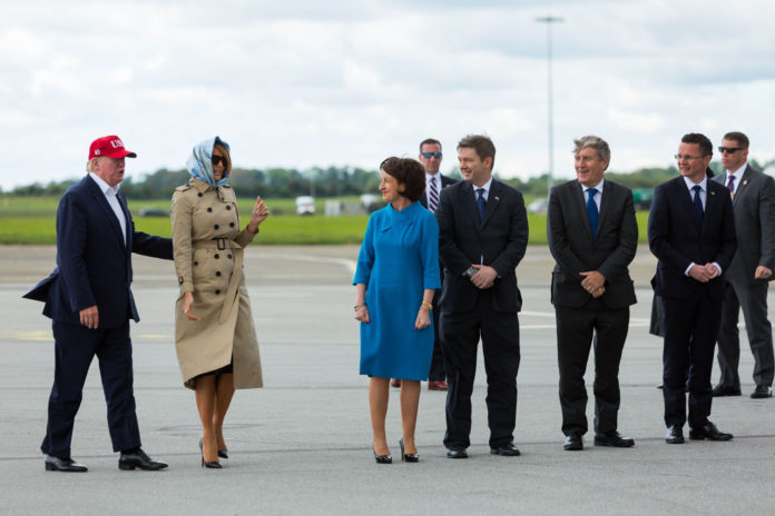 The visit of US President Donald Trump showcased the West of Ireland and Shannon Group’s airport company, Shannon Airport. Shannon Group Chairman, Rose Hynes and Minister of State Patrick O'Donovan TD (right) with US President Donald Trump and US First Lady Melania Trump before boarding Air Force One in Shannon Airport after their visit to Ireland. Photo: Oisin McHugh True Media