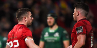 JJ Hanrahan of Munster celebrates with team-mate Calvin Nash after scoring his side's third try during the Guinness PRO14 Round 21 match between Munster and Connacht at Thomond Park in Limerick. Photo by Diarmuid Greene/Sportsfile