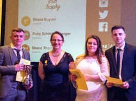 LYS trainees Shane Boylan, Tameka Bell (on behalf of Ruby Schlictenberger) & Shane Thompson with Sarah Autton, ABST. LYS won first, second & third place in the BSB category