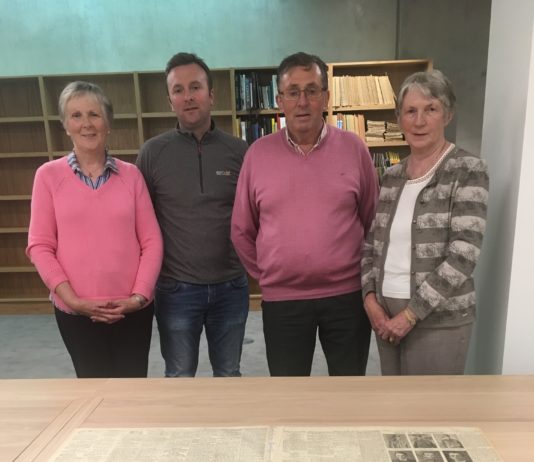 At UL’s Special Collections and Archives in the Glucksman Library are: (L-R) Kay Blake (Thomas Noonan’s niece), Michael Noonan (Noonan’s grandnephew), Michael Noonan Snr (Noonan’s nephew) and Breda Lyne (Noonan’s niece), with 1915 edition of The Sydney Morning Herald newspaper, as well as Thomas Noonan’s WWI service medals, diaries and the ‘Widow’s Penny’