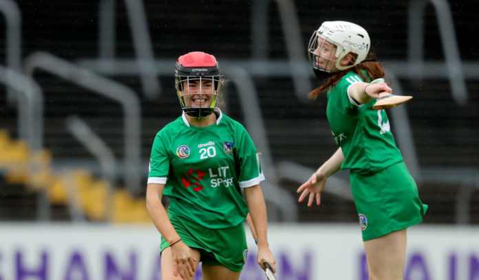 Shauna D'Arcy celebrates scoring a goal with Michelle Curtin 10/8/2019