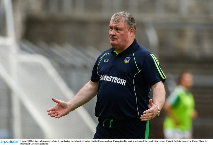 Limerick manager John Ryan during the Munster Ladies Football Intermediate Championship match between Clare and Limerick at Cusack Park in Ennis, Co Clare. Photo by Diarmuid Greene/Sportsfile