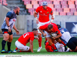 Liam O'Connor of Munster is tackled during the Guinness PRO14 Round 2 match between Isuzu Southern Kings and Munster at Nelson Mandela Bay Stadium in Port Elizabeth, South Africa. Photo by Michael Sheehan/Sportsfile