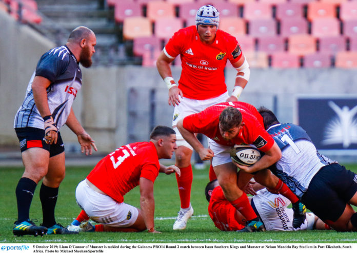 Liam O'Connor of Munster is tackled during the Guinness PRO14 Round 2 match between Isuzu Southern Kings and Munster at Nelson Mandela Bay Stadium in Port Elizabeth, South Africa. Photo by Michael Sheehan/Sportsfile